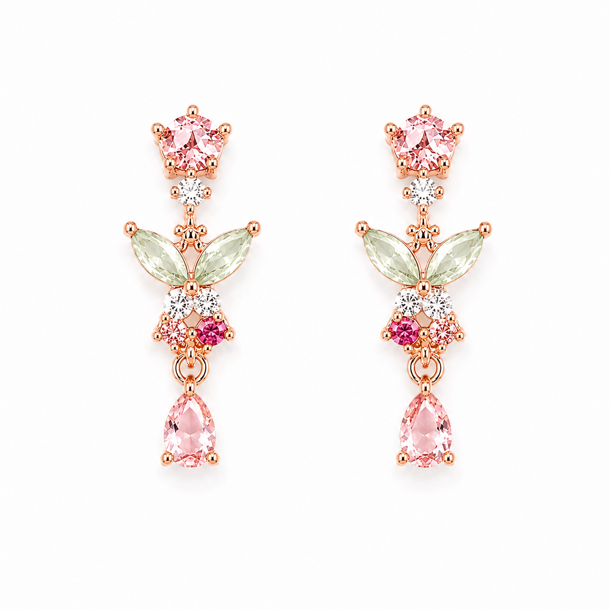 A pair of rose gold dangle earrings featuring pink, light green, and dark pink gemstones, displayed on a clean white background.