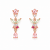 A pair of rose gold dangle earrings featuring pink, light green, and dark pink gemstones, displayed on a clean white background.