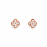 A pair of rose gold stud earrings with a four-petal clover or flower motif, each adorned with a pavé setting of clear round-cut stones, shown on a plain white background.