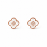 A pair of rose gold four-leaf clover stud earrings with white inlay and a pavé-set diamond center, shown on a plain white background.