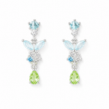 A pair of silver-tone drop earrings featuring light blue marquise-cut and round-cut gemstones, a small round blue stone, and a light green pear-cut drop at the bottom, set against a plain white background.
