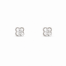 A pair of silver-toned four-leaf clover stud earrings with clear round-cut center stones, set against a plain white background.
